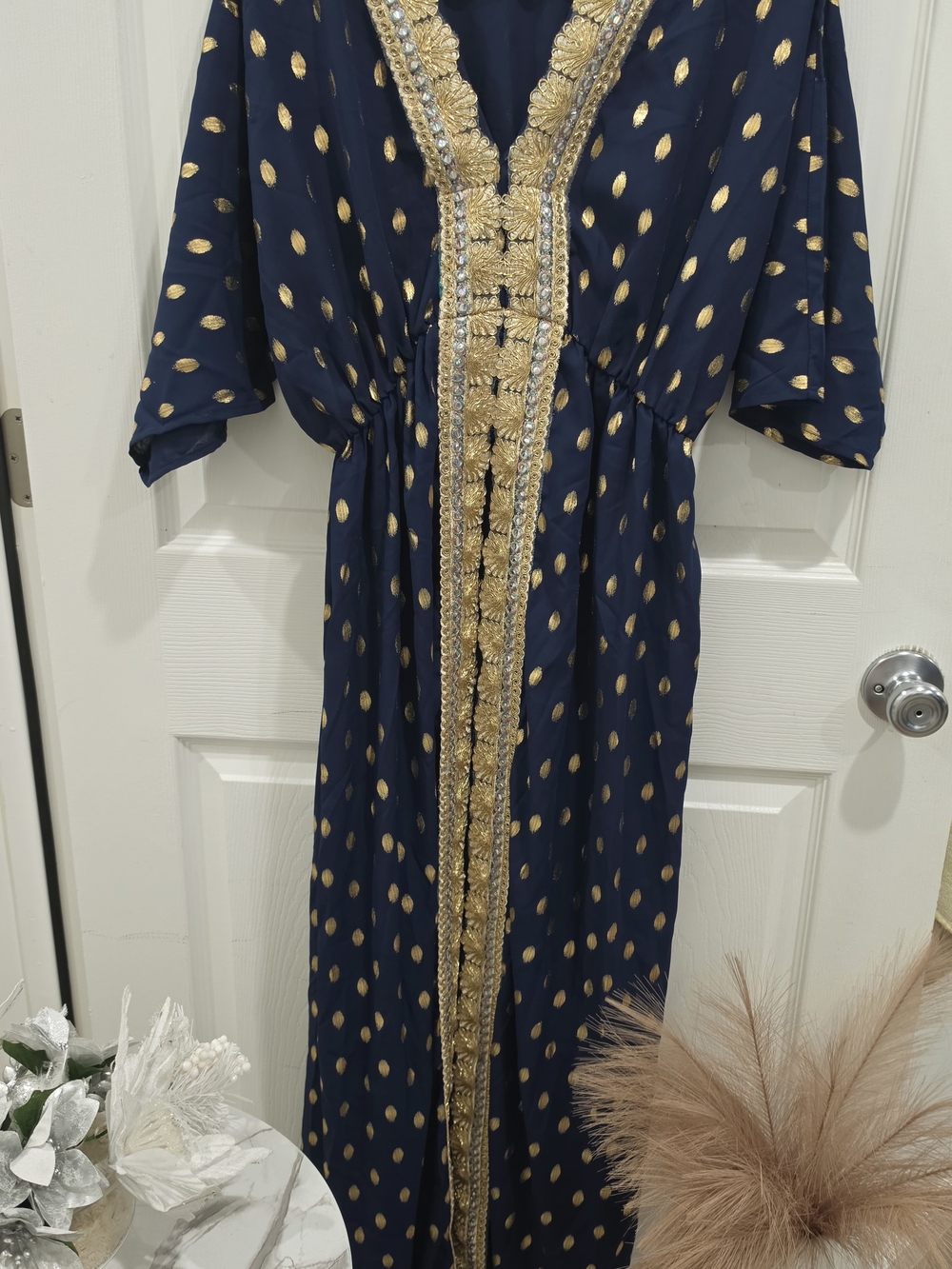 Navy Blue and Gold Embellished Kaftan Dress